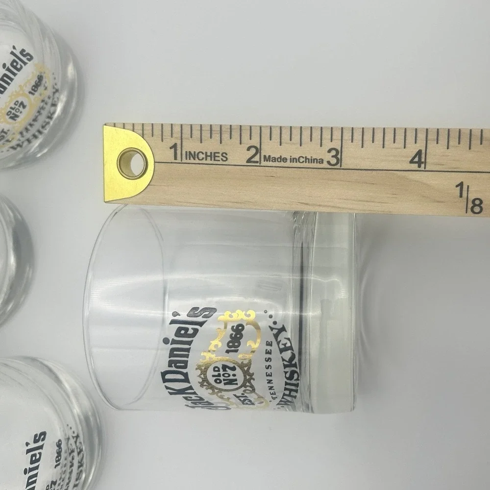 Jack Daniel's Old No. 7 Whiskey Rocks Glass Set of 4 Logo Clear Black Gold 3.5in